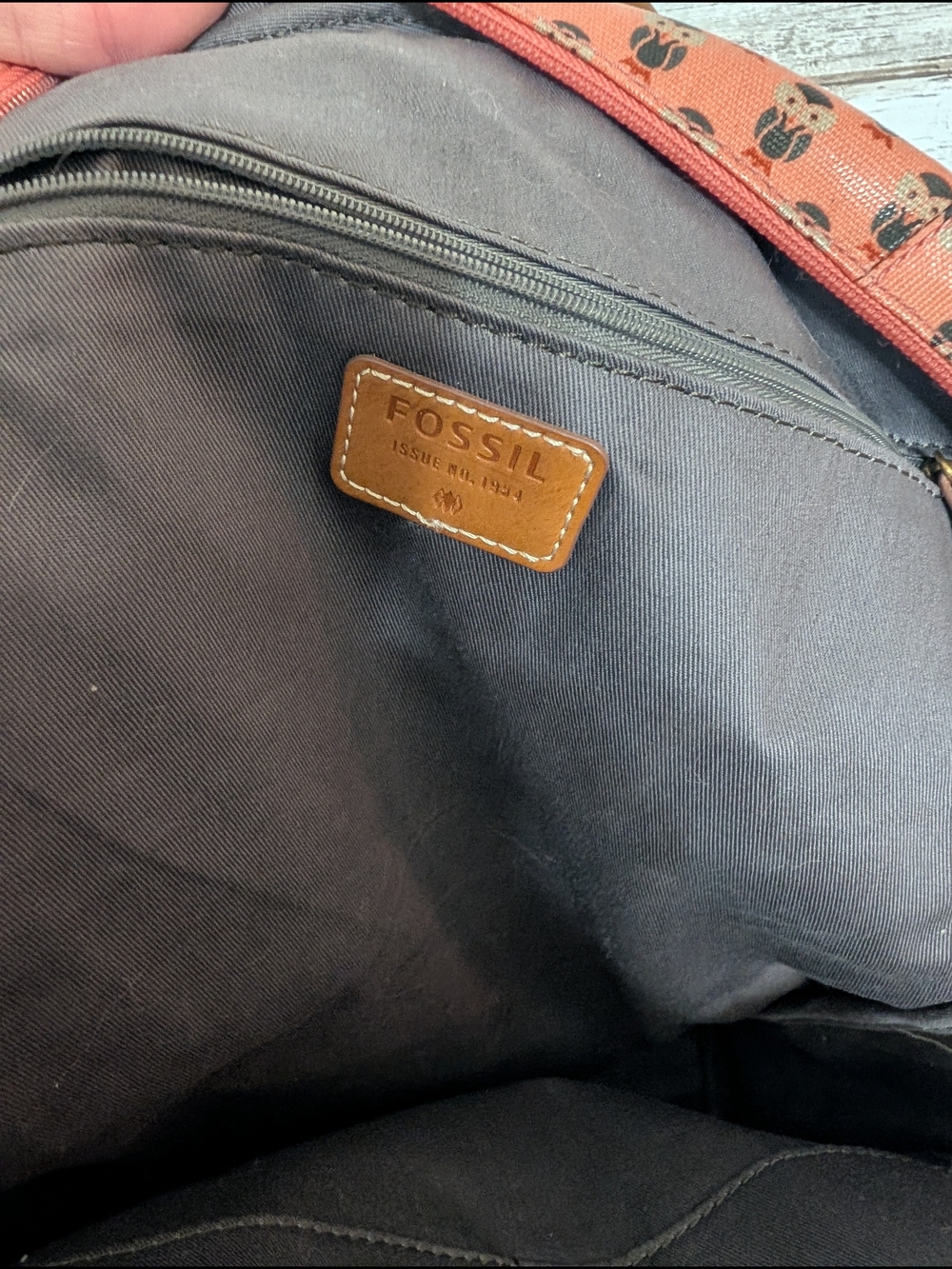 Fossil Pink Patterned Backpack with Brown Trim - Picture 4 of 4